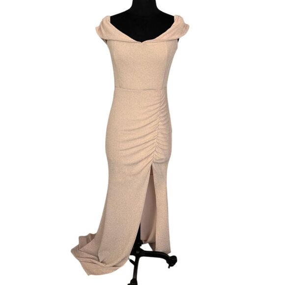 Windsor Off-Shoulder Champagne Glitter Evening Gown Side Slit Formal Dress - Picture 2 of 14